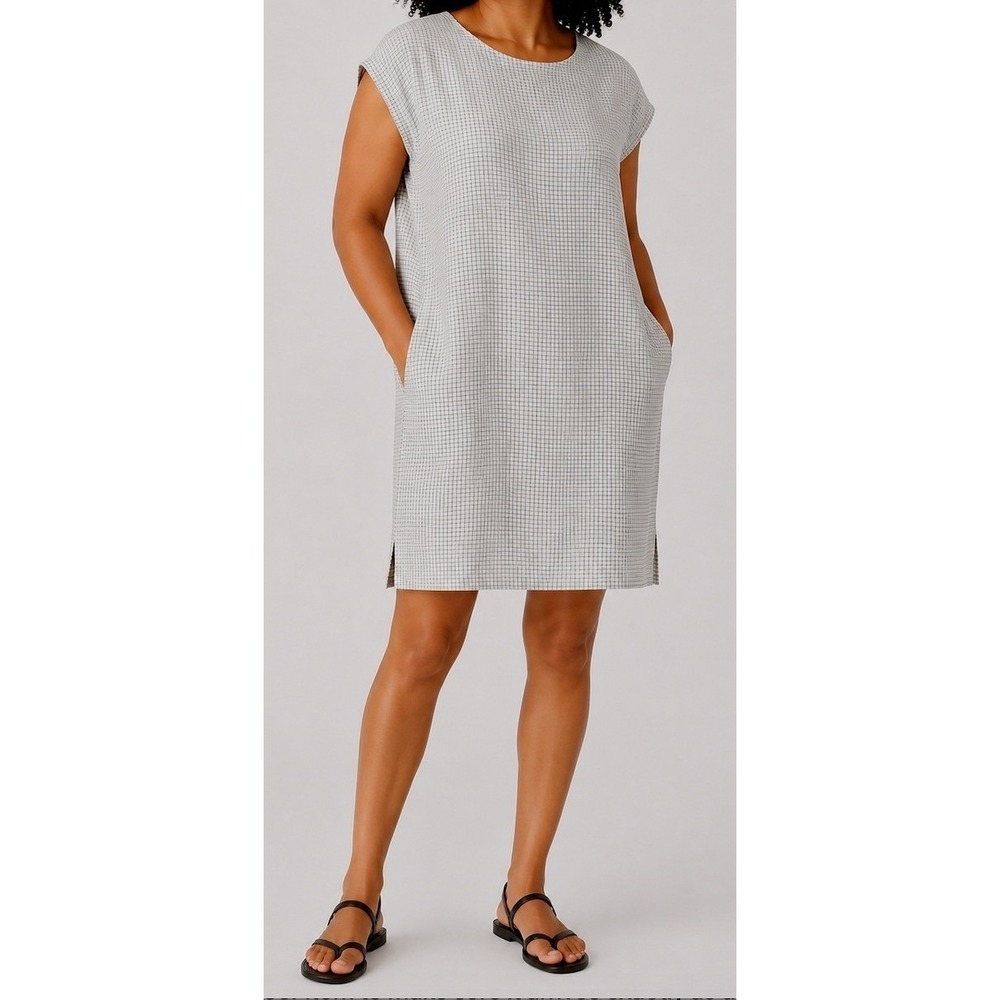 Eileen Fisher Organic Linen Jewel Neck Shift Dress Checked Summer Medium